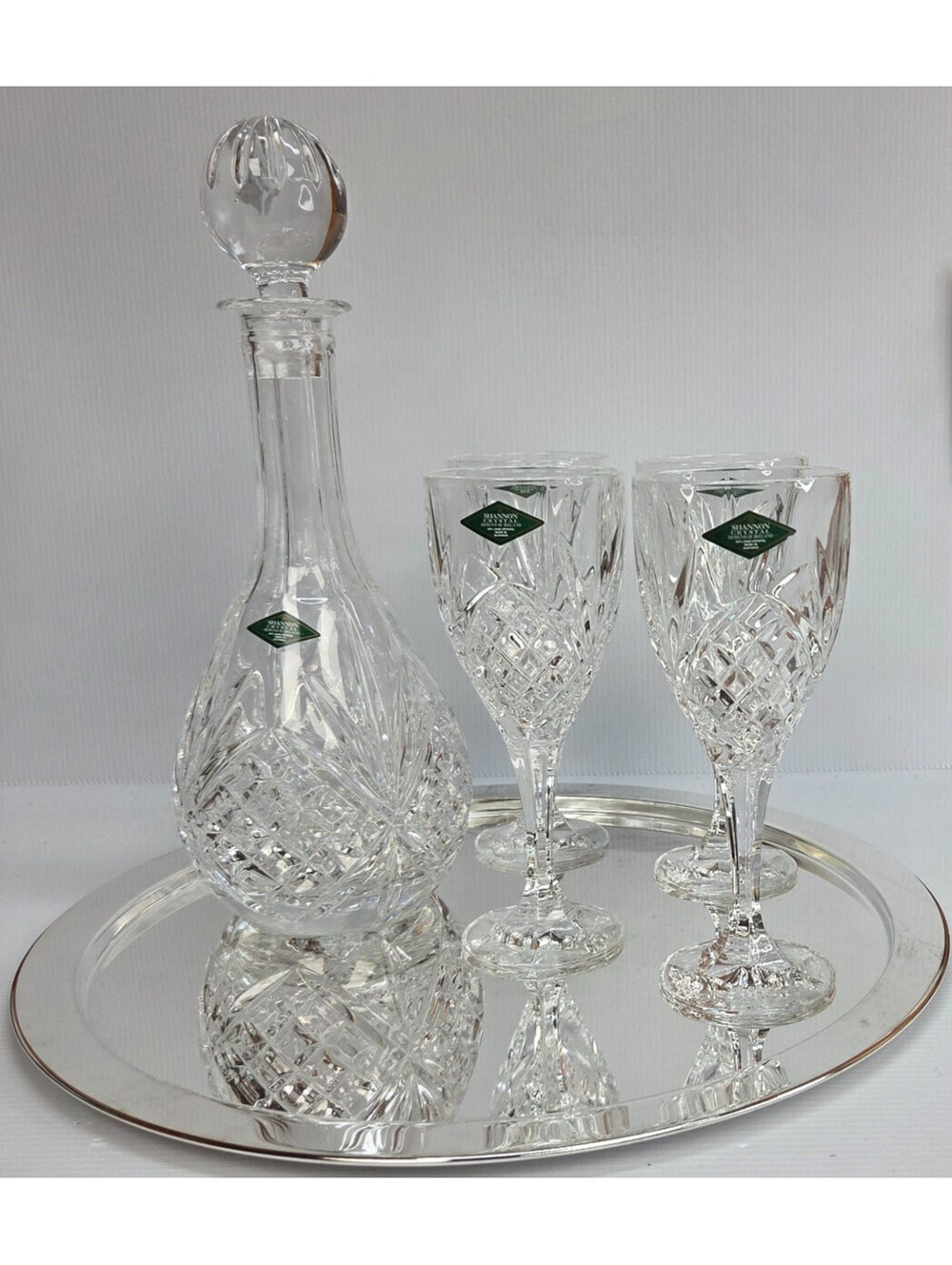 Shannon by Godinger 24% Lead Crystal Wine Decanter Glasses & Silver Tray Set NIB
